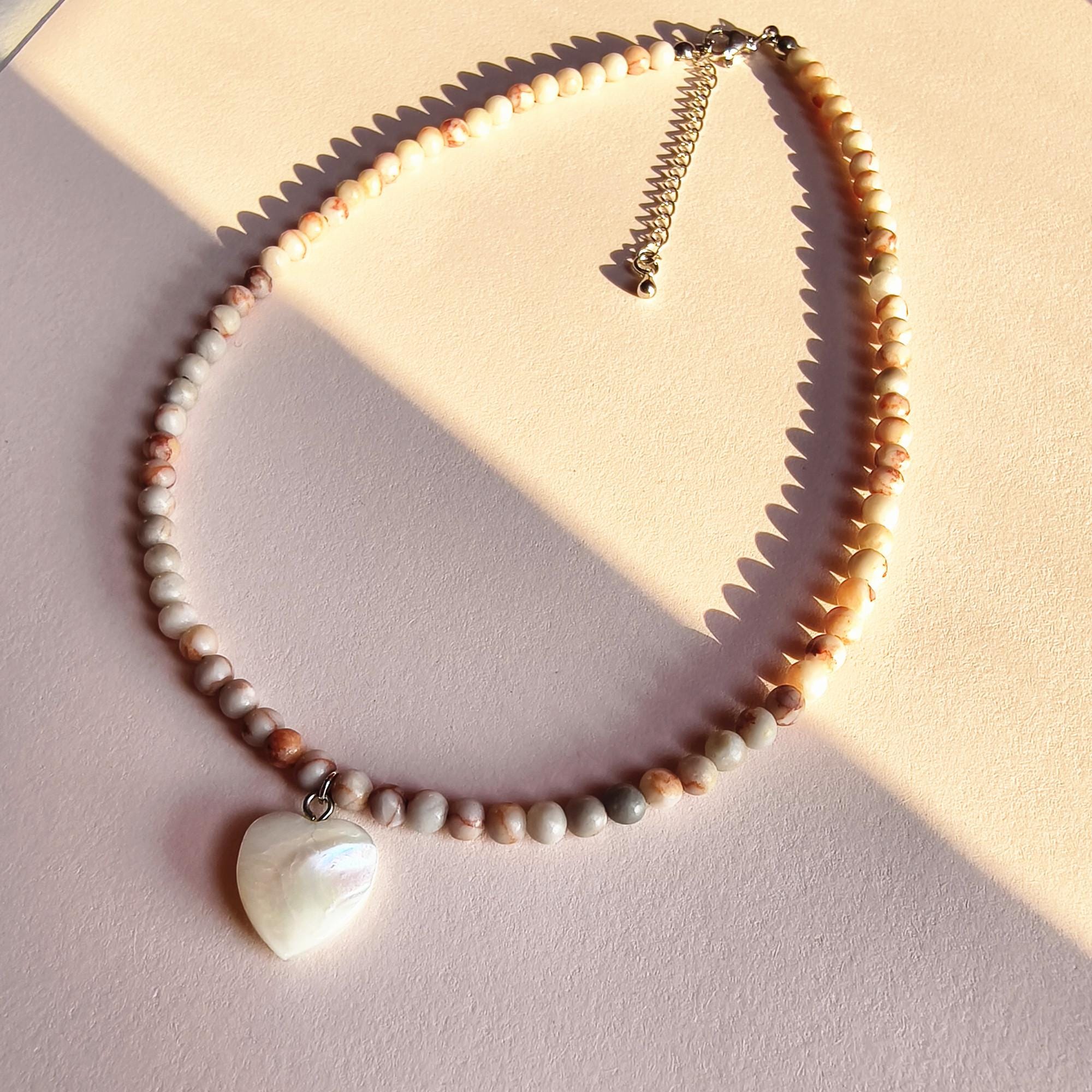 Heart Pendant Necklace, Beaded Necklace with Natural Shell Heart Pendant, Heart Necklace, Natural Shell Pendant Necklace