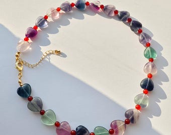 Rainbow Heart Necklace, Multi Color Gemstones Choker, Multi Colored Necklace, Necklace with Multi Colored Stones, Heart Stone Necklace