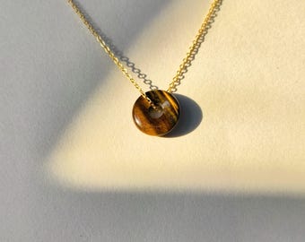Tiger Eye Donut Necklace, Yellow Gemstone Necklace, Healing Crystal Necklace, Chain Necklace with Donut Pendant, Gemstone Donut Necklace