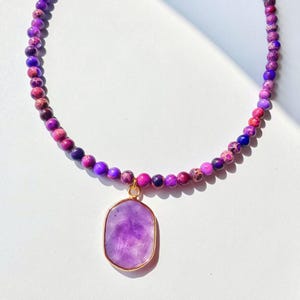 Purple Gemstone Necklace, Purple Beaded Necklace with Amethyst Pendant,  Trendy Purple Choker, Purple Stone Necklace for Women