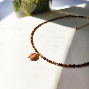 Tiny Bead Necklace, Multi Color Beaded Necklace with Coffee Bean Pendant, Minimalist Gemstone Choker Necklace, Colorful Stone Necklace