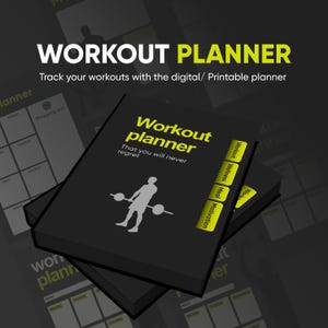 Op de afbeelding: Een zwarte workout planner met gele tekst en tabbladen. De cover leest "Workout planner" met de slogan "That you will never regret." Een silhouet van een persoon die gewichten heft staat op de cover. De planner bevat secties voor workout, wellness, maaltijd en motivatie.