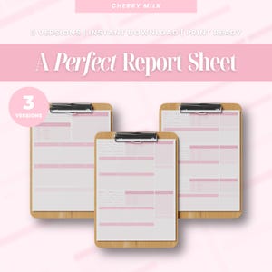 Pode incluir: Três folhas de relatório imprimíveis em pranchetas com um design rosa e branco. O texto "A Perfect Report Sheet" está no topo da imagem.