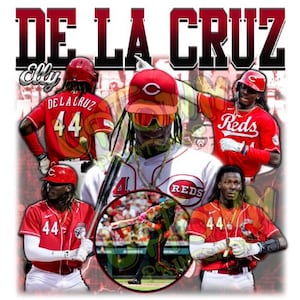 May include: A graphic design featuring multiple images of a baseball player in a red uniform with the text "DE LA CRUZ" and "Elly". The player is wearing a red cap and sunglasses. The word "Reds" is also visible.