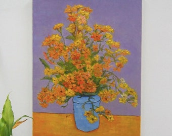 Yellow Flowers in Blue Pot Original Oil Painting - Impressionist Style Still Life - Hand-Painted Fine Art - Home Decor - Unique Gift Idea