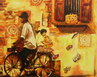 My Schoolbag -little girl on bicycle to school original art nostalgic painting of childhood memory, whimsical chinese heritage street window