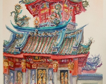 Singapore Chinese Temple Painting Art, Original Watercolor, Architectural Building, Historic, Heritage, Urban Sketcher, Plein Air, City Art