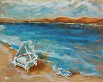 Piano Story -Whimsical Music Art Painting of dog at beach in impressionist sea landscape, a fantasy waves clouds ocean picture in blue white