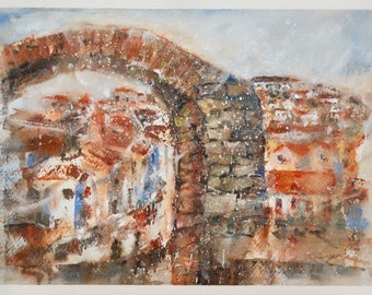 Spain Ronda landscape original watercolor painting art of Spanish city white houses with architectural brick arch in impressionist hues