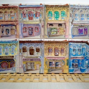 Impasto Oil Paintings - Auspicious 8-Row Singapore City Heritage - Traditional Chinese Peranakan Shophouses - Home Decor -Singapore Souvenir
