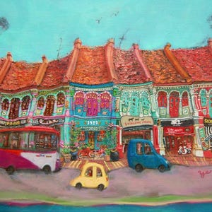 Singapore Katong Peranakan Shophouses Landscape Oil Painting - City Street Heritage Artwork - Vibrant Cityscape - Original Home Art Decor