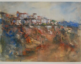 Spain Ronda Landscape Original Watercolor Painting - Spanish City Cliff Houses - Dramatic Artwork - Impressionist Style Scenic Travel Art