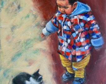 Boy & Cat - Whimsical Impressionist Child Figurative Painting, original oil artwork of innocence and curiosity by Singapore artist