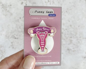 Angry Uterus Pin Wooden Pin for Shark Week, Menstrual Cycle First Period Gift, Laser Cut Feminist Gift Protest Pin