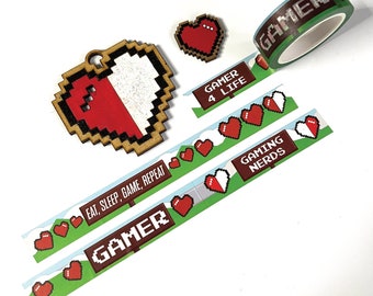 Gamer Washi Tape, pixel hearts, Japanese Washi tape for journals and planners