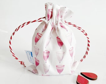Menstrual cup drawstring pouch, shark week gift period supplies, block print repeat pattern fabric