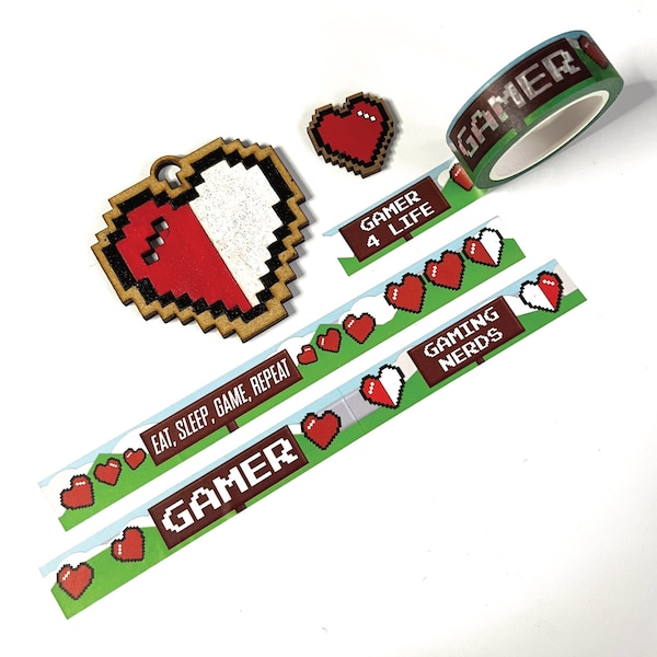 Gamer Washi Tape, pixel hearts, Japanese Washi tape for journals and planners