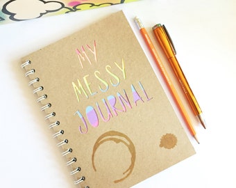 A5 notebook blank journal, Recycled Rainbow paper cut, coffee stained 1st Anniversary gift, plain paper habit tracker