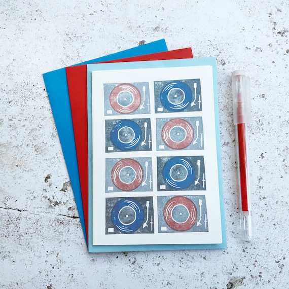 Record Deck Linocut Print Card: Vinyl Lover Gift