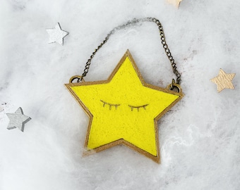 Sleeping star tree topper yellow star, geeky home decor video game lover programmer gift