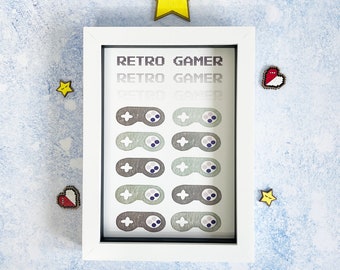 Retro Gamer Print A5 print or a linocut print, vintage controllers, neutral colours video games gift or programmer gift