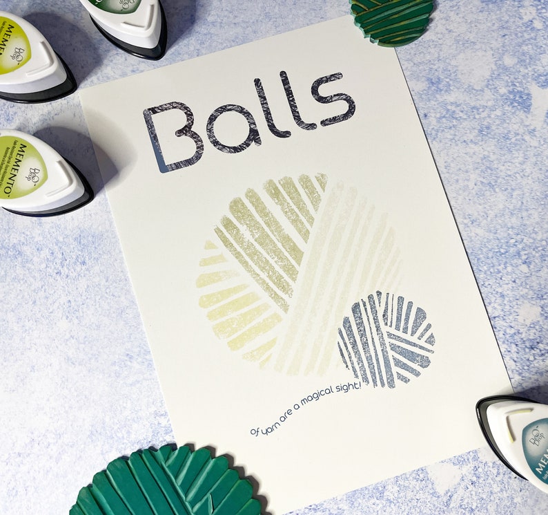 Yarn Balls Print, yarn lover gift, Printed on A5 matt archival paper, print of a linocut print image 1