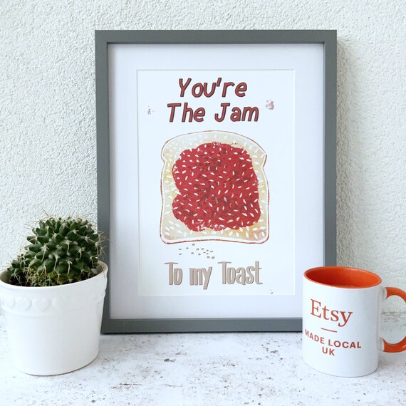 Jam toast Print Raspberry Jam Humourous Print, 1st Anniversary gift, Kitchen wall art, Matt archival paper Unframed