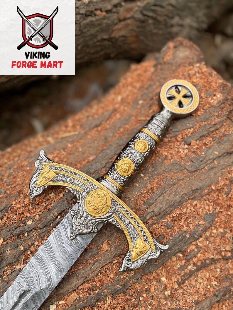 VIKING SWORD Damascus steel, Handmade Barbarian sword, Unique Norse sword, Collector's blade with sheath, fathers day Replica Master sword. Templar Sword