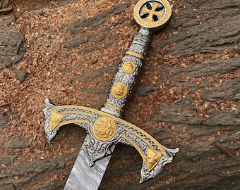 Handmade knights Templar sword Damascus steel, Unique Crusader sword, Medieval 12th century Holy sword, Sacred longsword with leather sheath