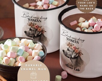 Taza de esmalte floral con diseño de labrador plateado – Taza de acero inoxidable personalizada de 355 ml con el nombre de tu perro