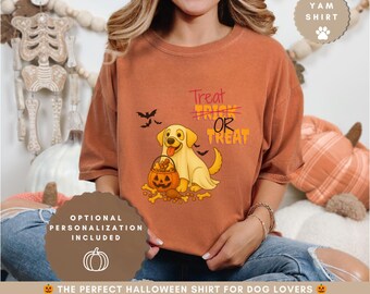 Camiseta amarilla de Halloween para labrador: camiseta para perro con truco o trato, regalo personalizado para la temporada espeluznante