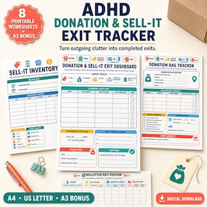 May include: A set of printable ADHD donation and sell-it exit tracker worksheets featuring a dashboard, inventory tracker, and donation bag tracker. The documents include sections for goals, item status, and exit routes, with an orange pen and tag.