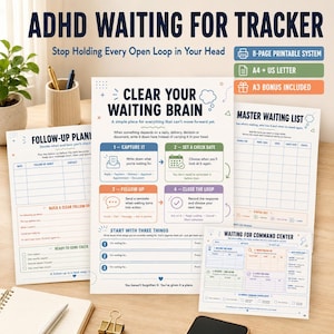 Può includere: Un sistema stampabile di tracciamento per ADHD che include diverse pagine come un pianificatore di follow-up, un foglio per liberare la mente, una lista d'attesa principale e un centro di comando, con testo colorato e griglie organizzative.