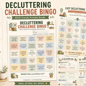 Peut inclure: Un ensemble de feuilles de bingo imprimables pour le désencombrement, comprenant des grilles de tâches, des instructions et des suivis de progression. Les documents utilisent une palette de couleurs douces avec des illustrations de plantes.