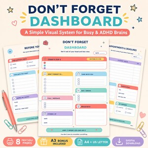 May include: A Don't Forget Dashboard printable planner set featuring three pages with colorful sections for daily tasks, appointments, and deadlines. The layout includes checkboxes, labeled fields, and icons in pastel tones, designed for organization and memory support.