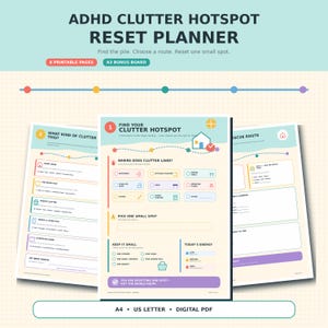 May include: ADHD Clutter Hotspot Reset Planner digital PDF set featuring printable pages and an A3 bonus board. The layout includes sections for identifying clutter hotspots, choosing rescue routes, and tracking energy levels with colourful icons.