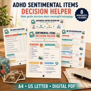 Könnte beinhalten: Ein Set von ADHD Sentimental Items Decision Helper Arbeitsblättern mit Checklisten und Entscheidungsdiagrammen zum Organisieren von Gegenständen. Die Seiten enthalten Textaufforderungen, Kontrollkästchen und Illustrationen von Boxen, Kameras und Herzen auf weißem Papier.