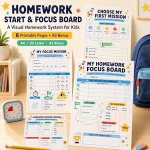 May include: A set of printable homework planning sheets featuring space-themed graphics, including titles like Homework Start & Focus Board, My Focus Mission, and My Homework Focus Board, with sections for tasks, time tracking, and goals in blue, yellow, and white.
