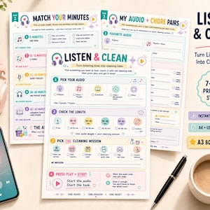 May include: A printable cleaning system titled Listen & Clean, featuring three pages with checklists for matching audio content to household tasks. The sheets include icons for podcasts, music, and cleaning chores, alongside a smartphone and headphones.