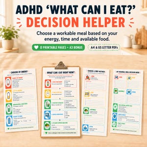 May include: A set of printable ADHD meal decision helper sheets featuring colorful icons and text. The documents include sections titled Choose by Energy, What Can I Eat Right Now, Choose a Prep Method, and My Personal Meal Decision Menu, available in A4 and US Letter sizes.