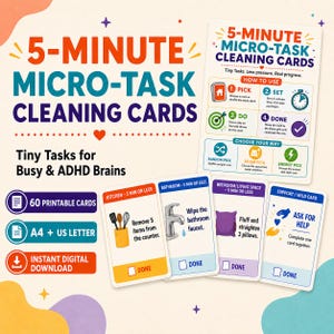 Tarjetas de limpieza de 5 minutos para personas con TDAH, mazo de microtareas imprimible para adultos, PDF para el reinicio del hogar con bajo consumo de energía