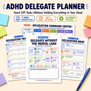Puede incluir: Sistema imprimible ADHD Delegate Planner en tamaños A4 y US Letter. Incluye un centro de mando de delegación, resumen de delegación y guía de inicio rápido con secciones para seguimiento de tareas en azul, naranja y verde.