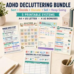 May include: An ADHD decluttering bundle featuring five printable systems in A4 and US Letter sizes with four A3 bonuses. The documents include a decluttering challenge bingo, a clutter hotspot finder, a decision helper, and an exit dashboard.