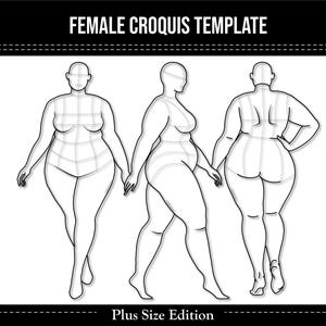 Modelo de Croqui de Moda Plus Size | Esboço de Corpo Feminino Curvilíneo para Projetos de Costura e Designers | PDF para impressão em A4 e Carta EUA