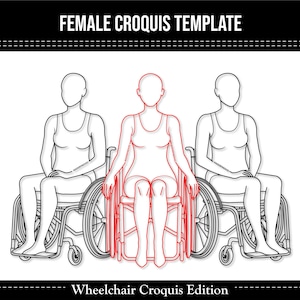 Op de afbeelding: Een zwart-wit illustratie van drie vrouwelijke figuren in rolstoelen. De centrale figuur is rood gemarkeerd. De tekst "FEMALE CROQUIS TEMPLATE" en "Wheelchair Croquis Edition" worden in het zwart weergegeven.
