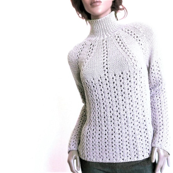 Women's Knit Lace Sweater Round Yoke Pullover Hand Knitted Sweater Natural fiber Knitwear Merino Super- wash Custom Color Pilland Knits