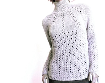 Women's Knit Lace Sweater Round Yoke Pullover Hand Knitted Sweater Natural fiber Knitwear Merino Super- wash Custom Color Pilland Knits