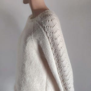 Women&#39;s raglan sweater, Handknit off white soft sweater fluffy round neck sweater with lace knit details