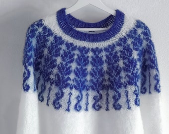 Hand Knitted Mohair Icelandic Nordic Sweater Fuzzy White and Cobalt blue pullover Women Lightweight Jumper