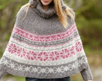 Women's Knit Fair Isle Poncho Sweater Multicolored Hand Knitted Sweater, Different colors available